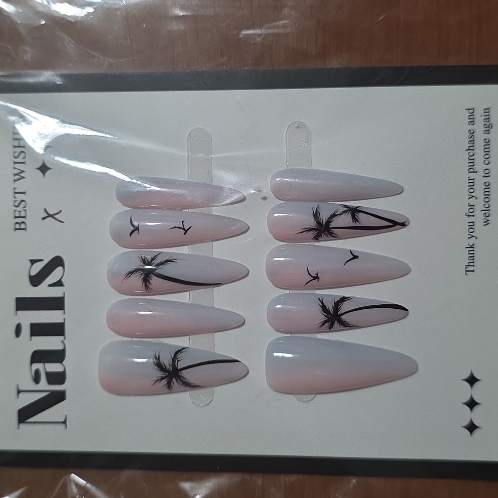 🥳  4/$20 #11.  Best Wishes Pink Press-On Nails with Palm Tree Design